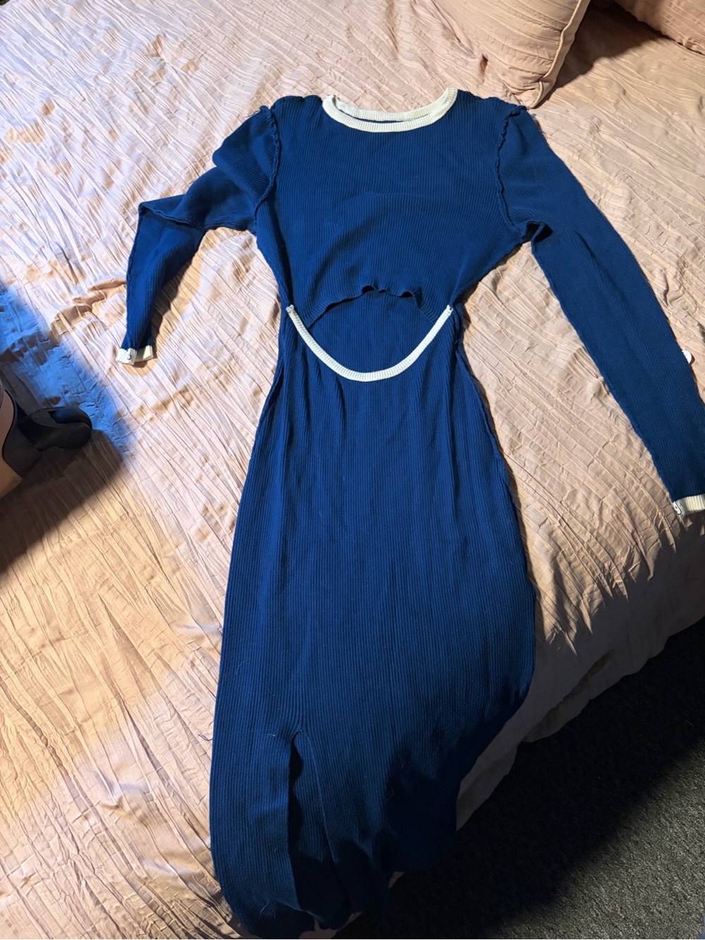 Amazon Blue Long Sleeve Midi Dress with White Trim